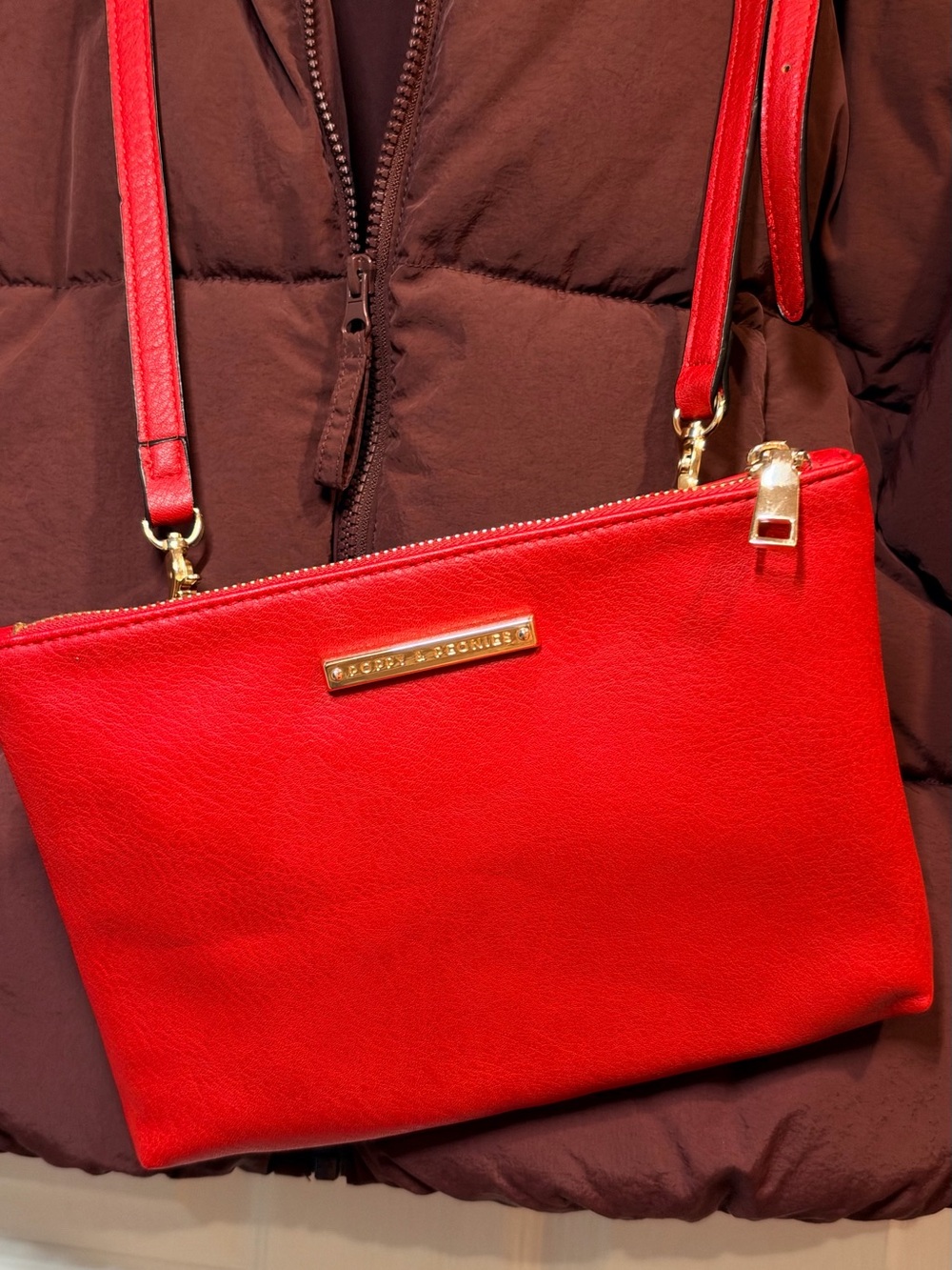 Poppy & Peonies Red Leather Crossbody with Gold Plaque